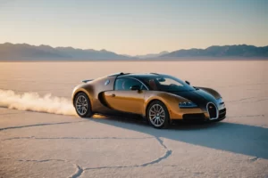 Une Bugatti Veyron file à toute allure sur les salt flats, son profil élégant castant une longue ombre sous la lumière dorée de l'heure dorée, évoquant une vitesse et un luxe inimaginables.