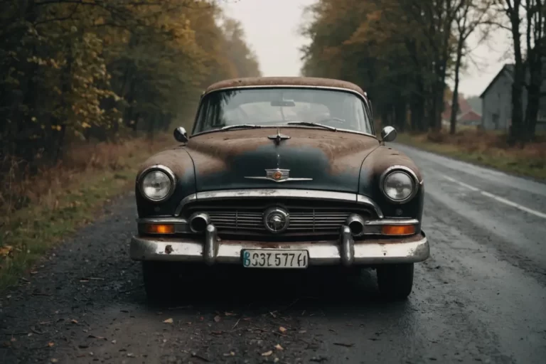 Image en noir et blanc d'une vieille voiture rouillée sur une route abandonnée, de la fumée s'échappant de son capot, éclairage sombre.