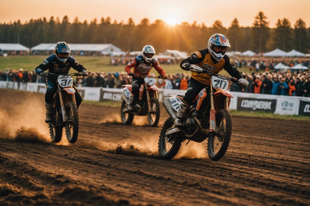 Panorama doré capturant des motos de side-car cross en suspension au-dessus d'un circuit de course rugueux, avec un tableau d'affichage indiquant les classements du championnat 2023 en arrière-plan et l'exaltation de la foule visiblement floue aux bords de l'image, sous un coucher de soleil chaleureux.