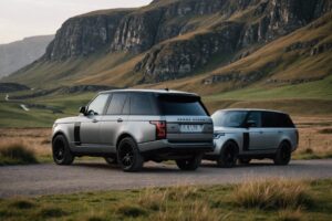 Photo côte à côte montrant les différences de design entre un Land Rover noir mat et un Range Rover argenté brillant, stationnés l'un à côté de l'autre dans un paysage frappant, lumières ambiantes, haute résolution.
