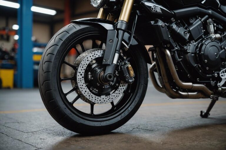 Gros plan d'une moto Yamaha MT07 avec un focus sur le pneu et un manomètre de pression d'air visible, dans un atelier mécanique éclairé, en résolution 4k.