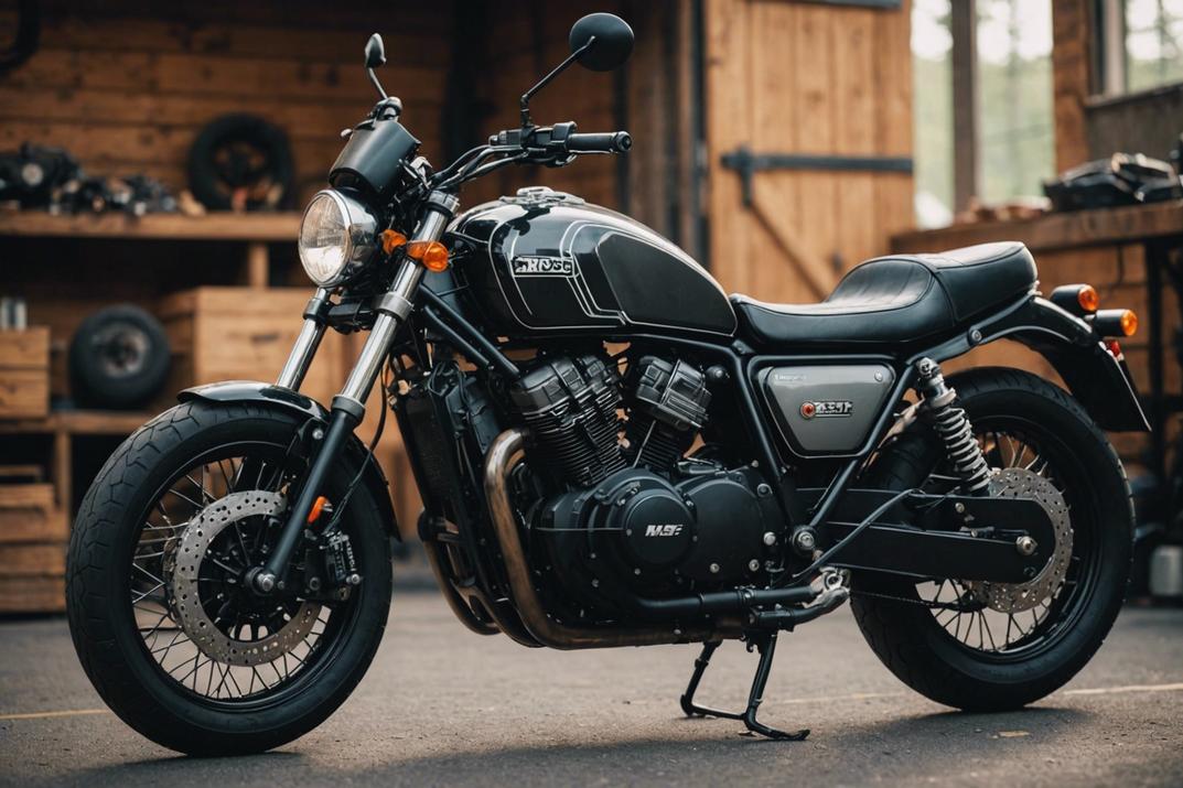 Gros plan d'une moto Mash X-Ride 650 dans un garage bien éclairé avec un charme rustique.