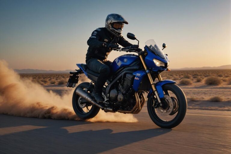 Un cliché à grande vitesse d'une moto Yamaha YZ 65 avançant sur une route déserte, poussière tourbillonnant derrière elle sur fond de ciel crépusculaire.