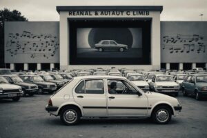 Image vintage en monochrome d'une Renault Clio classique stationnée dans un cinéma drive-in, avec des notes de musique iconiques flottant autour, texture lisse, éclairage ambiant, couleurs délavées.