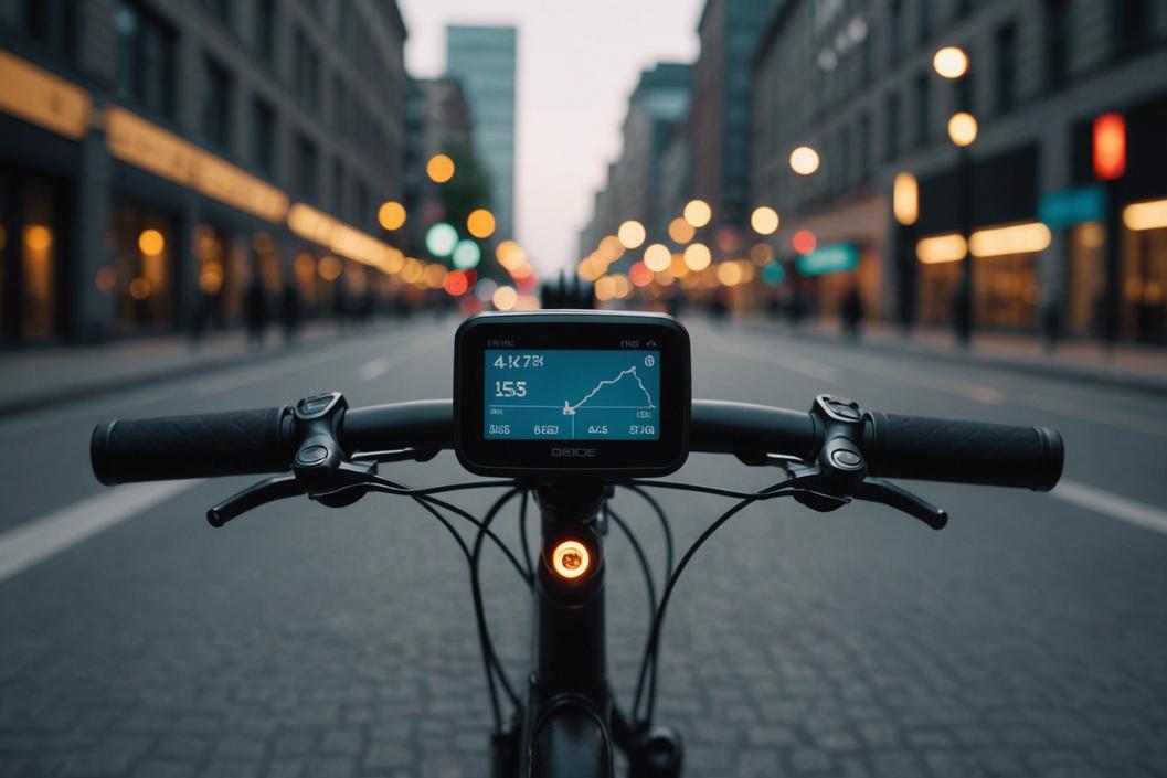 Gros plan sur un tracker GPS discret dissimulé dans le cadre d'un vélo moderne et élégant devant un décor urbain, évoquant la sécurité invisible qu'il fournit, finition mate, éclairage d'ambiance tamisé, 4k.