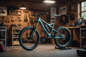 Un dessin numérique montrant un vélo de montagne qui est transformé en version électrique avec le kit YOSE POWER dans un garage.
