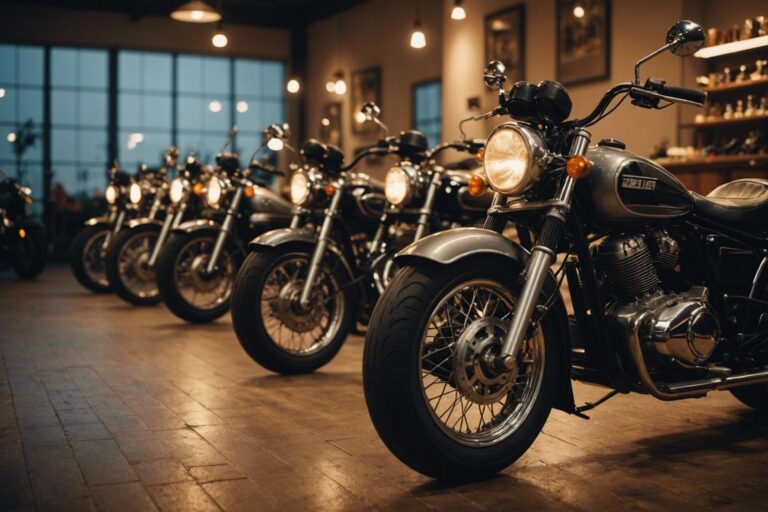 Une rangée de motocyclettes à trois roues diversifiées brillant sous une douce lumière d'ambiance dans un showroom vintage.