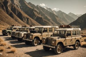 Photographie sepia vintage de vieux modèles de Land Rover alignés devant un paysage montagneux rugueux.