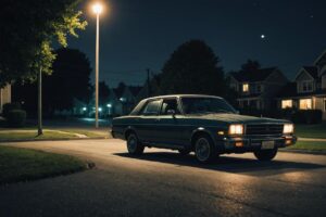Tableau numérique détaillé d'une voiture en panne sur une rue suburbaine silencieuse sous la faible lueur d'un lampadaire vacillant, évoquant un sentiment de solitude et de dilemme.