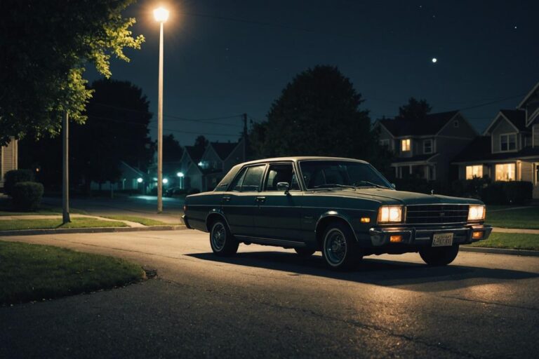 Tableau numérique détaillé d'une voiture en panne sur une rue suburbaine silencieuse sous la faible lueur d'un lampadaire vacillant, évoquant un sentiment de solitude et de dilemme.