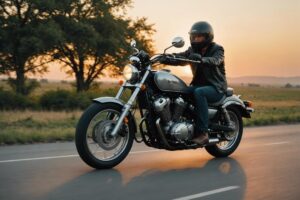 Capture à haute vitesse de la Yamaha Virago 125 sur une autoroute ouverte, paysage flou traduisant le mouvement, détails nets sur le chrome et le cuir, éclairage doux de coucher de soleil, en résolution 4K.