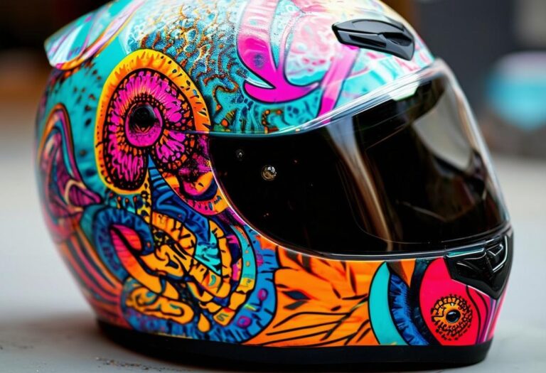 Gros plan d'un casque de moto peint avec une murale psychédélique de couleurs et de formes vives, donnant une finition artistique et audacieuse.