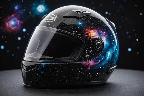 Casque de moto peint avec un ciel étoilé et des nébuleuses, posé sur une surface noire réfléchissante, mise au point nette, éclairage ambiant, fini mat