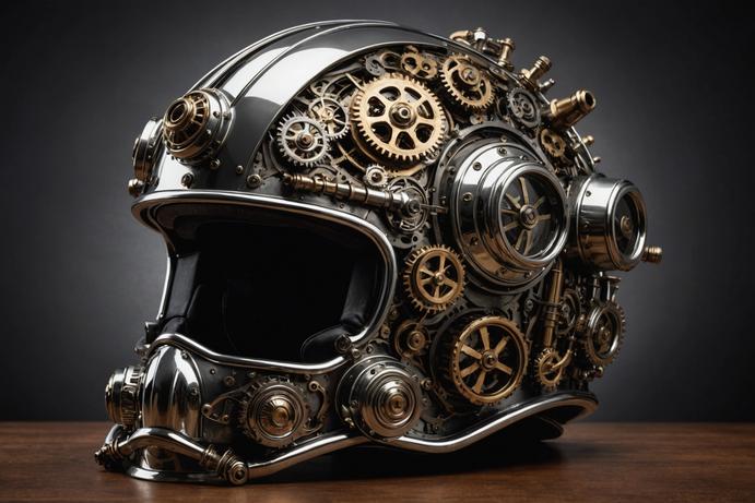 Portrait créatif d'un casque brillant fini chrome avec des engrenages et des tuyaux steampunk complexes, éclairé par une lumière d'accentuation chaude.