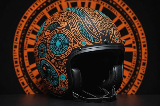 Gros plan sur un casque au motif tribal, aux couleurs vives sur fond noir mat, éclairé élégamment en studio.