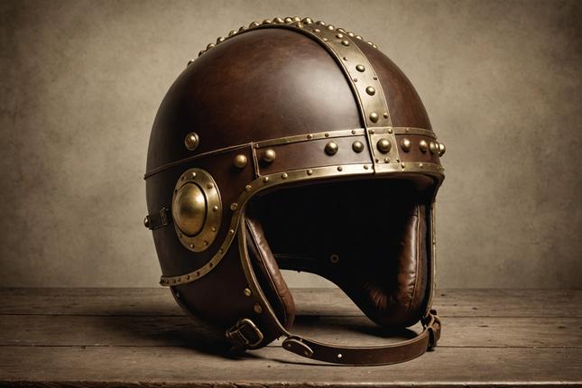 Photographie d'un casque de style vintage en cuir avec des rivets en laiton, texture lisse et une ambiance rétro sépia.