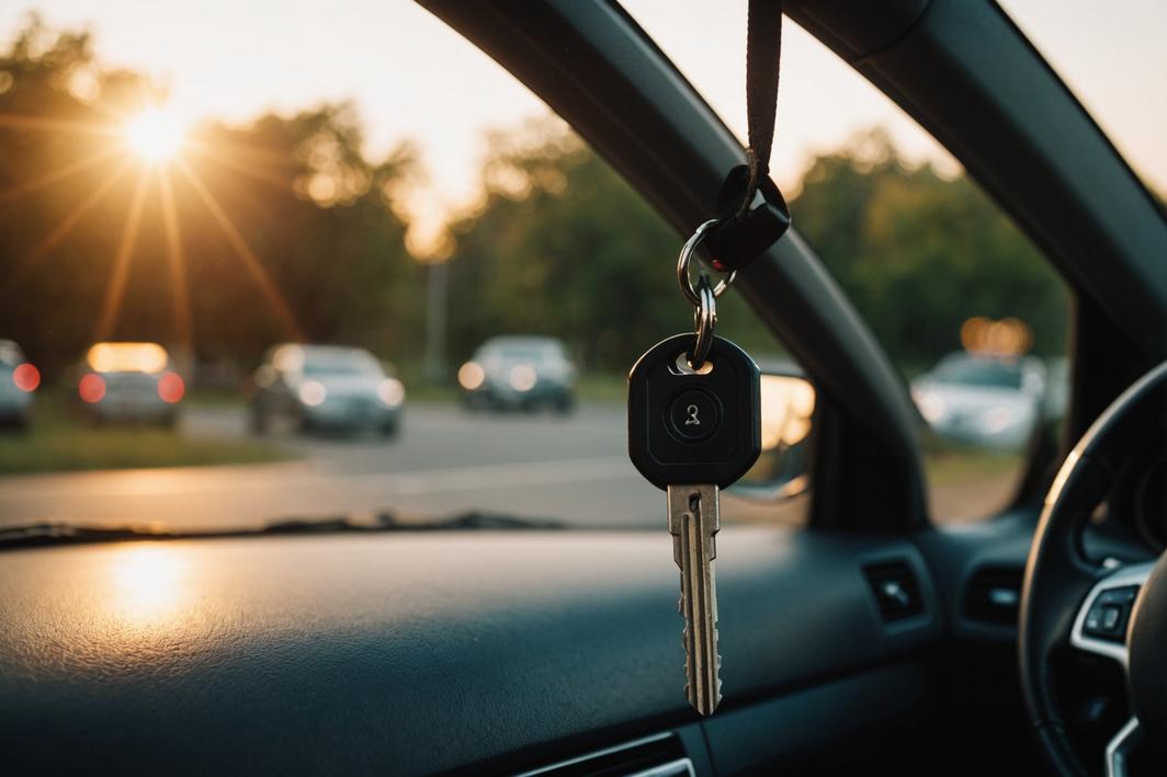 Vue en contre-plongée d'une clé suspendue à l'allumage d'une voiture, ceinture de sécurité bouclée sur le siège conducteur, mise en valeur par le soleil couchant à travers le pare-brise.