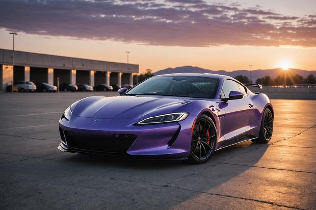 Voiture de sport de couleur lavande brillant sous une lumière de coucher de soleil, projetant une ombre nette sur le béton lisse d'un parking vide.