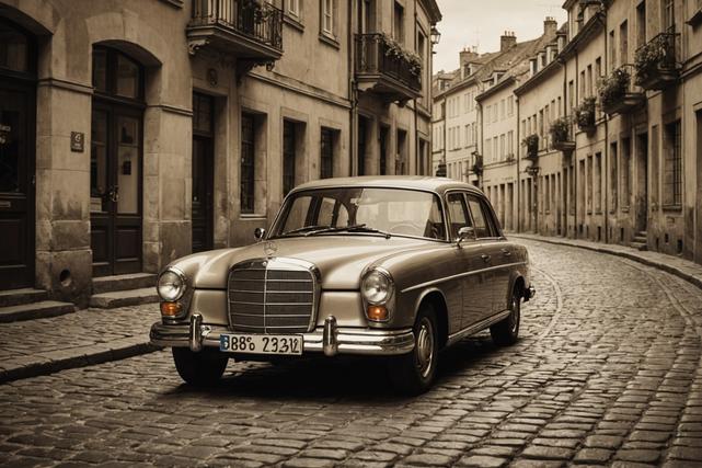 photographie sépia d'une Mercedes-Benz Ponton traversant une rue pavée, émanant un charme vintage sous une lumière douce et diffuse.