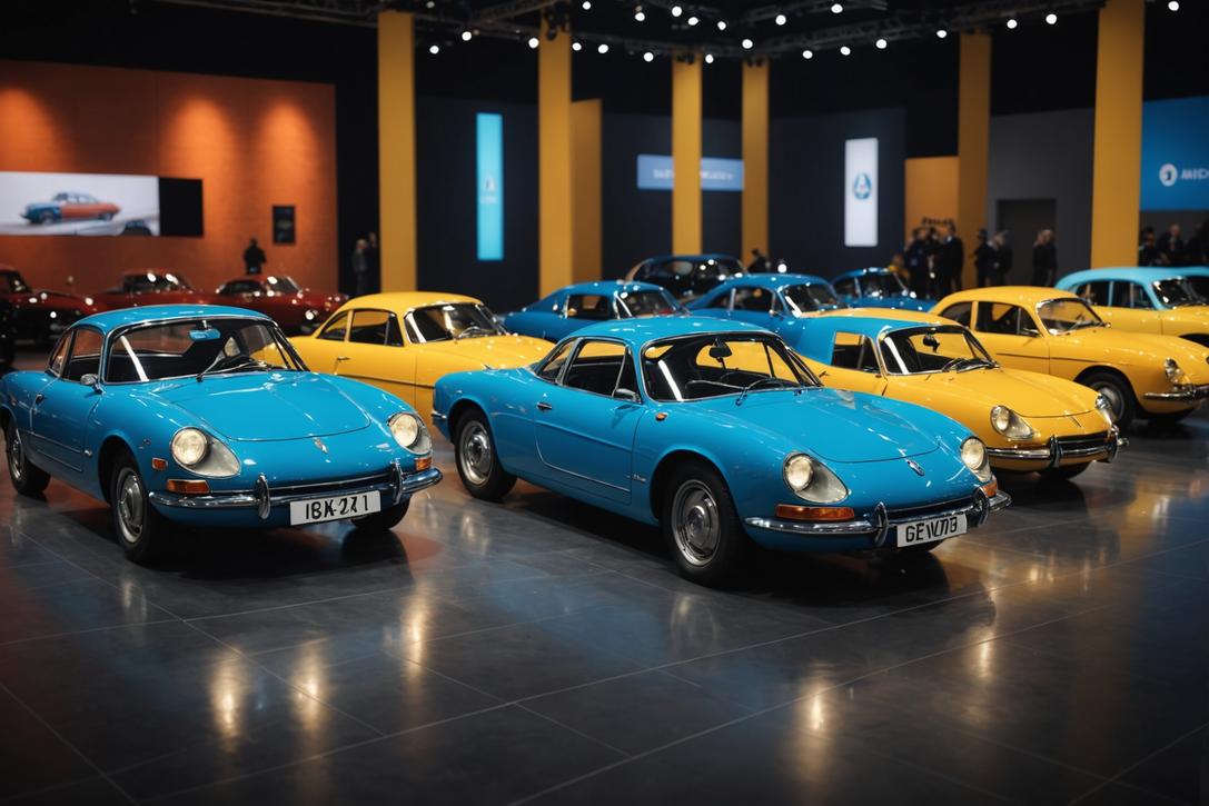 Des voitures Alpine Renault vintage arrangées en demi-cercle dans une interface de forum en ligne, en 3D.