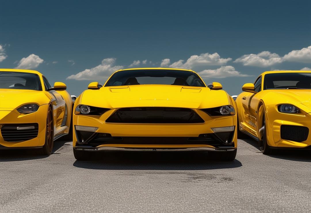 Plusieurs modèles de voitures de couleur jaune moutarde garées sur un vaste parking en asphalte sous un ciel dégagé et lumineux, mettant en valeur leur couleur vibrante.