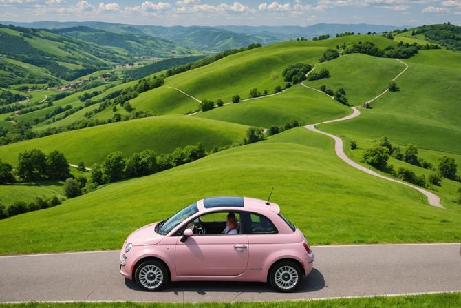 Une Fiat 500 rose pâle solitaire entourée de la verdure luxuriante des collines ondoyantes au printemps, photographiée avec un objectif grand-angle pour capturer l'immensité et les couleurs vives de la nature.