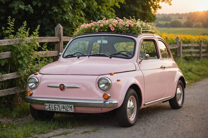 Fiat 500 couleur rose pastel avec un bouquet de fleurs sauvages sur le tableau de bord, stationnée à côté d'une clôture de campagne enveloppée de vignes, photo prise à l'heure dorée avec des tons chauds.