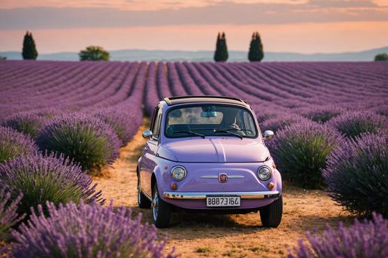 Une Fiat 500 de couleur rose douce garée sur un champ de lavande avec un effet bokeh accentuant la silhouette de la voiture, haute saturation.