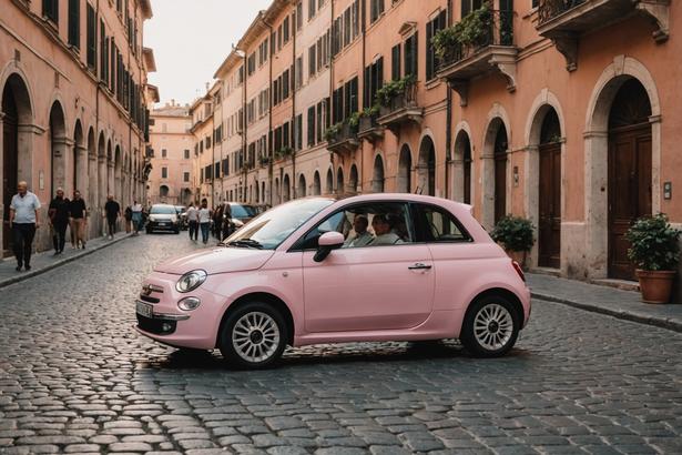 Une Fiat 500 couleur rose pastel garée sur une rue pavée à Rome, flou de passants en arrière-plan évoquant une ambiance animée, éclairage de l'heure dorée.