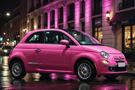 Une Fiat 500 rose brillante capturée sous les lumières urbaines, avec des rues mouillées reflétant sa couleur sucrée dans un cadre nocturne et une lumière dramatique.