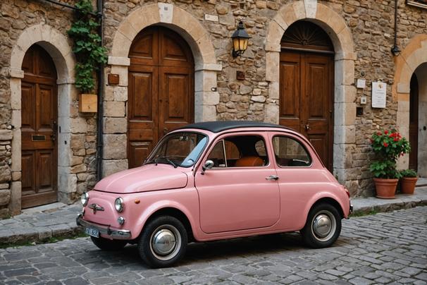 Une ancienne Fiat 500 rose aux portes ouvertes accueillantes, garée dans une ruelle d'un village italien avec des murs en pierre en arrière-plan, ambiance floue et chaleureuse.