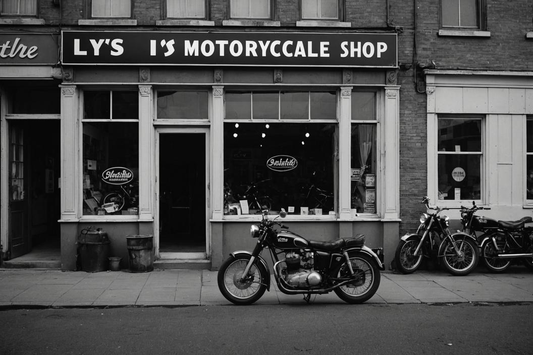 Boutique de moto 'Lys Motorcycle' fermée, vitrine poussiéreuse évoquant des motos anciennes, atmosphère nostalgique en noir et blanc.