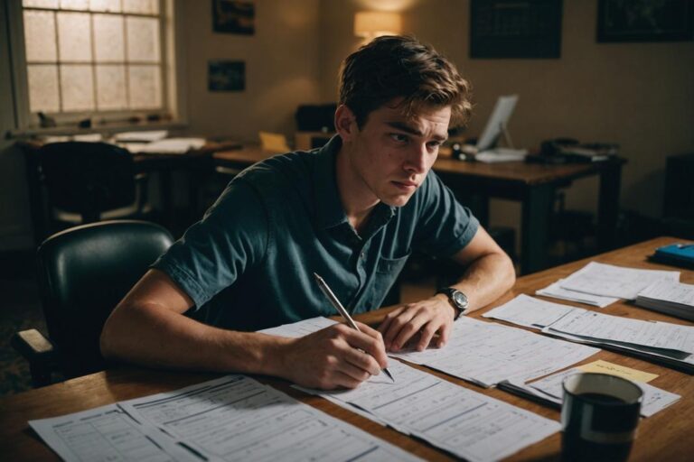 Photo en vue haute d'un jeune homme en détresse, entouré de programmes de leçons de conduite, de factures et d'un calendrier marqué d'heures supplémentaires non comptabilisées, dans une pièce faiblement éclairée traduisant une atmosphère de frustration et de confusion