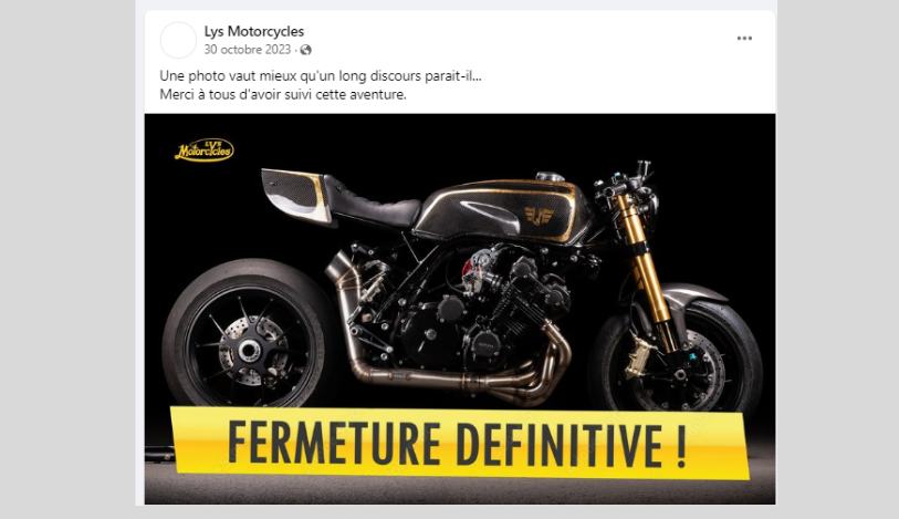 Copie écran page facebook Lys Motorcycle fermeture definitive 