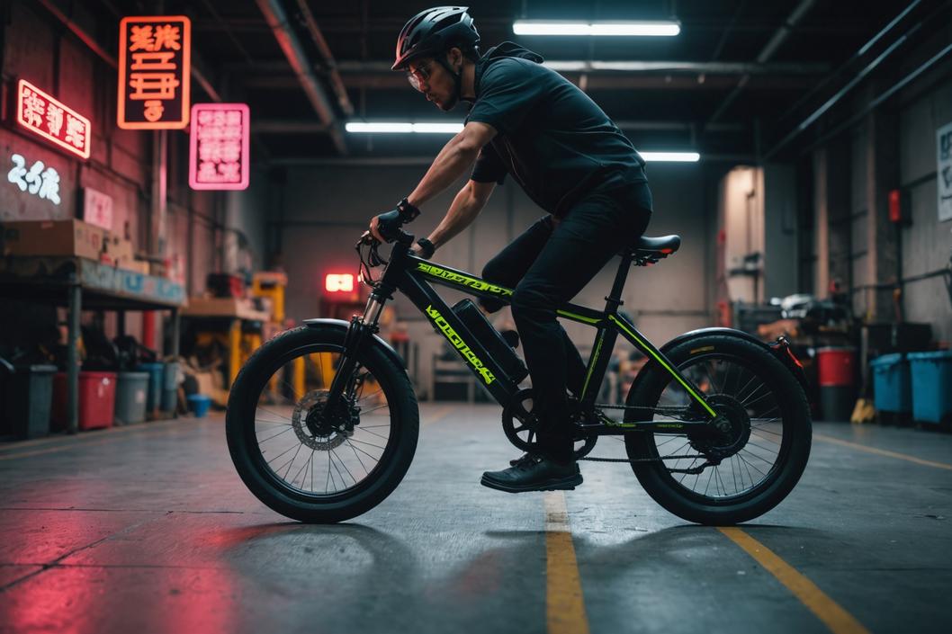 Un cycliste est prêt à modifier son vélo électrique Nakamura dans un atelier très éclairé, avec des outils répartis sur le sol en béton et des panneaux d'avertissement fluorescents contre la modification.