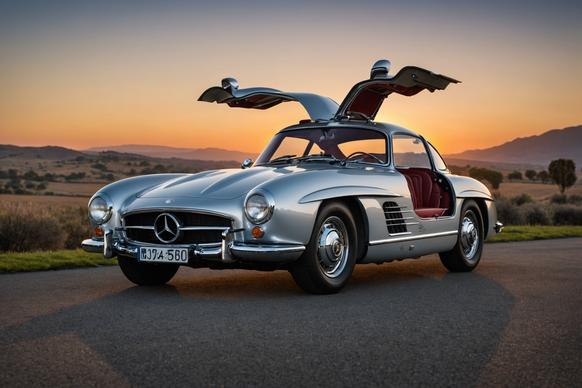 Mercedes-Benz 300SL Gullwing argentée reflétant la lumière dorée du lever de soleil, mise au point précise.