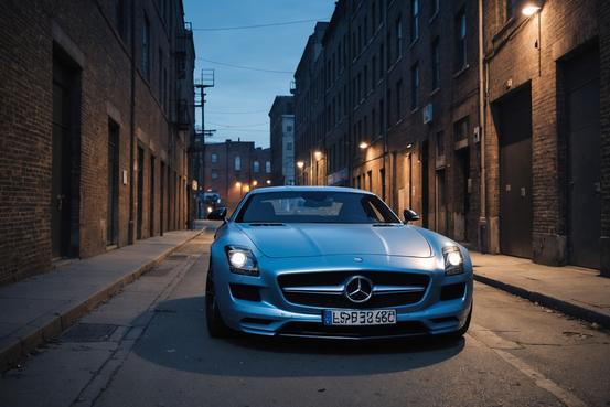 Mercedes-Benz SLS AMG au fini mat capturant les tons bleus d'un crépuscule dans une ruelle urbaine déserte.