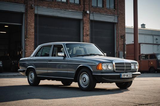 Une Mercedes-Benz W123 en teinte gris métallique se détache en silhouette devant un fond industriel, dégageant une ambiance rétro et robuste en fort contraste.