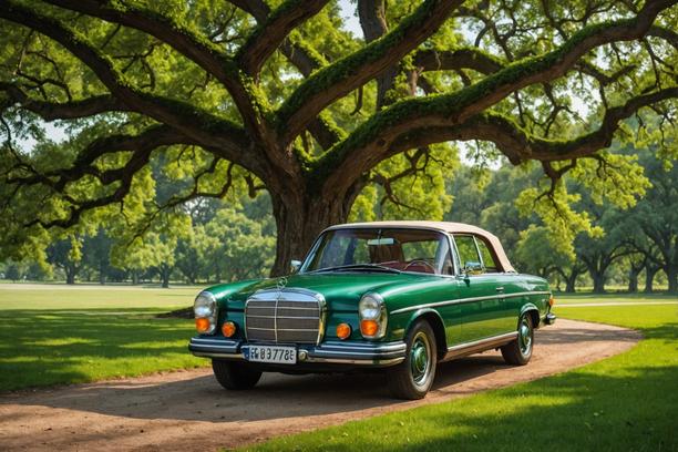 Paysage verdoyant avec une Mercedes-Benz 280SE cabriolet élégante garée sous la frondaison murmureuse d'un vieux chêne, saturation intense des couleurs.