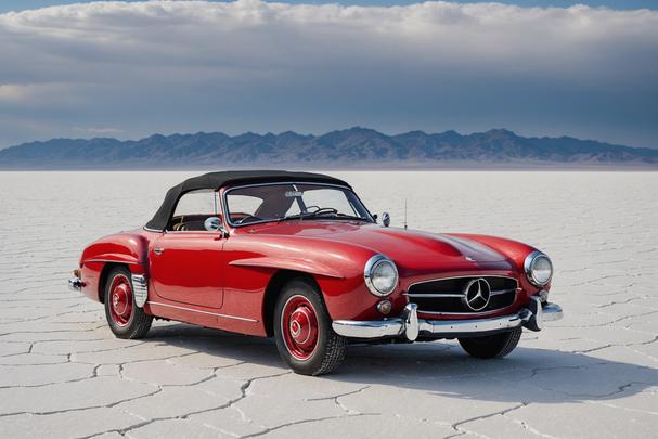 Une Mercedes-Benz 190SL roadster vintage rouge polie, seule dans l'immensité des étendues salines sous un ciel pastel et une texture veloutée