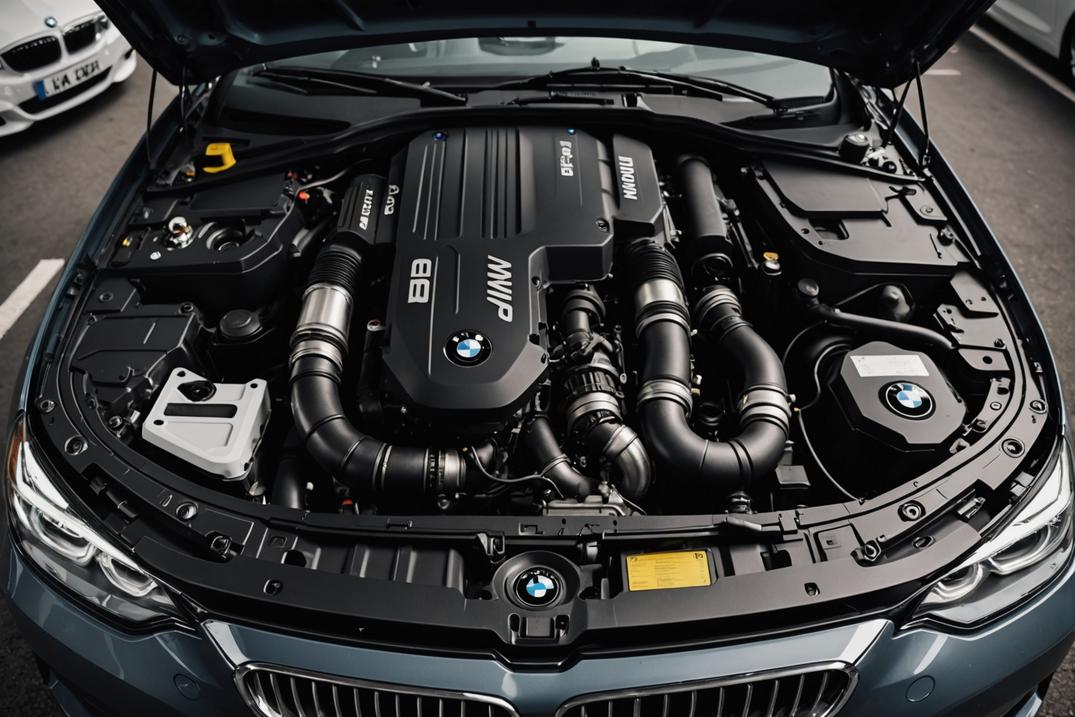 Vue détaillée d'un moteur N47 de BMW Série 1, montrant ses composants usés, dans l'éclairage doux d'un garage.
