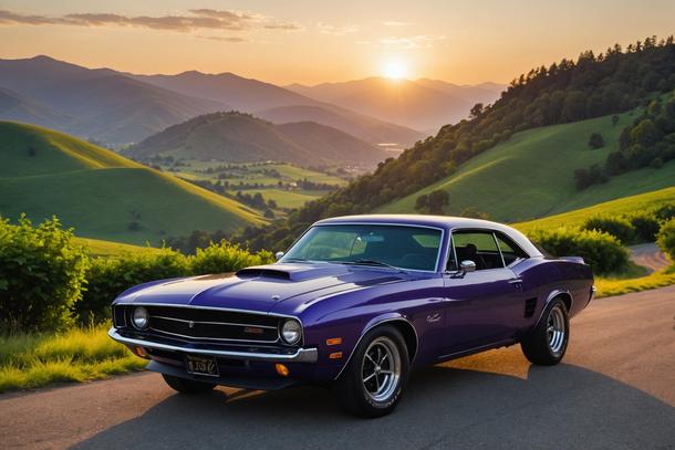 Silhouette d'une voiture muscle car de couleur violet intense sur fond de collines verdoyantes pendant l'heure dorée, couleurs vives et élégantes.