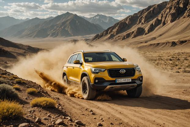 Photo d'un SUV jaune moutarde faisant du hors-piste en terrain montagneux avec de la poussière en arrière-plan, composition épique sous la lumière naturelle du jour.