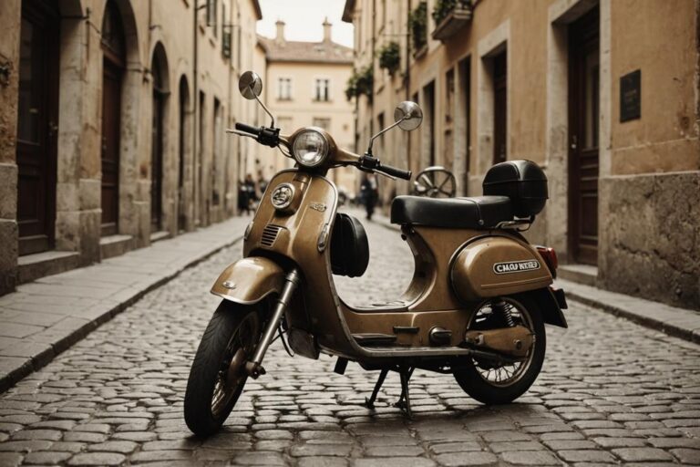 Image en sépia d'un scooter Ciao vintage garé sur une rue pavée avec de vieux bâtiments en arrière-plan, créant une ambiance nostalgique urbaine.