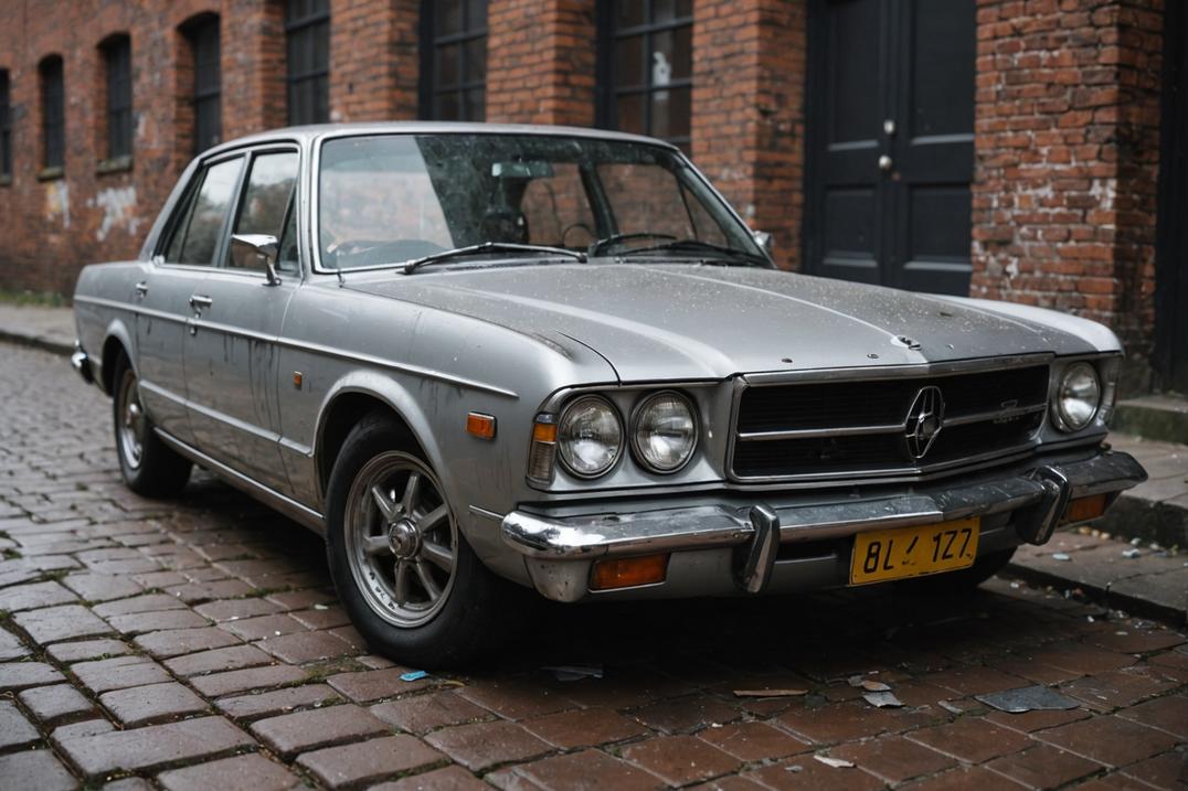 Gros plan d'une voiture argentée égratignée le long des panneaux latéraux, mal garée contre un mur de briques érodé avec des éclats de peinture et des briques détachées sur le sol.