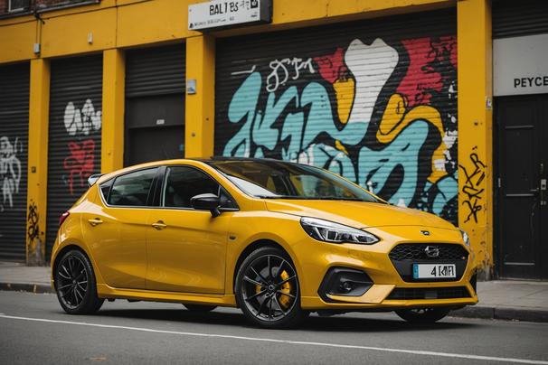 Une voiture hatchback jaune moutarde brillante garée devant un mur de street-art urbain en haute résolution 4k.