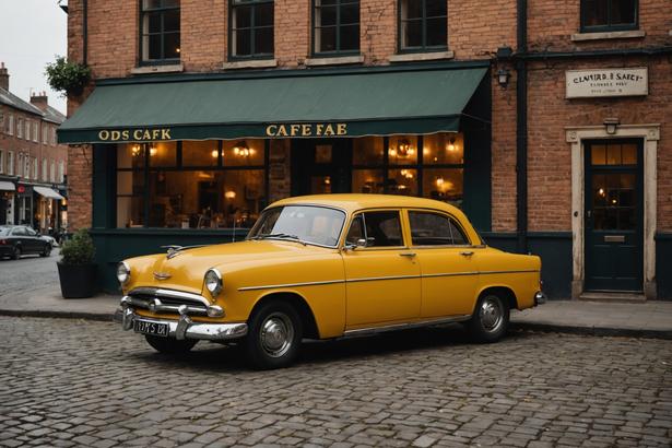 Une voiture vintage de couleur jaune moutarde stationnée devant un café ancien en briques, finition mate et éclairage d'ambiance.