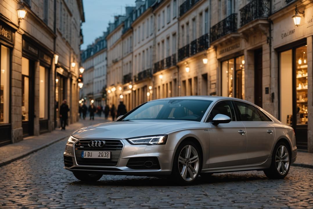 Une Audi élégante et argentée garée sur les rues pavées de Bordeaux parmi les boutiques de vin historiques dans la douce lumière du soir.