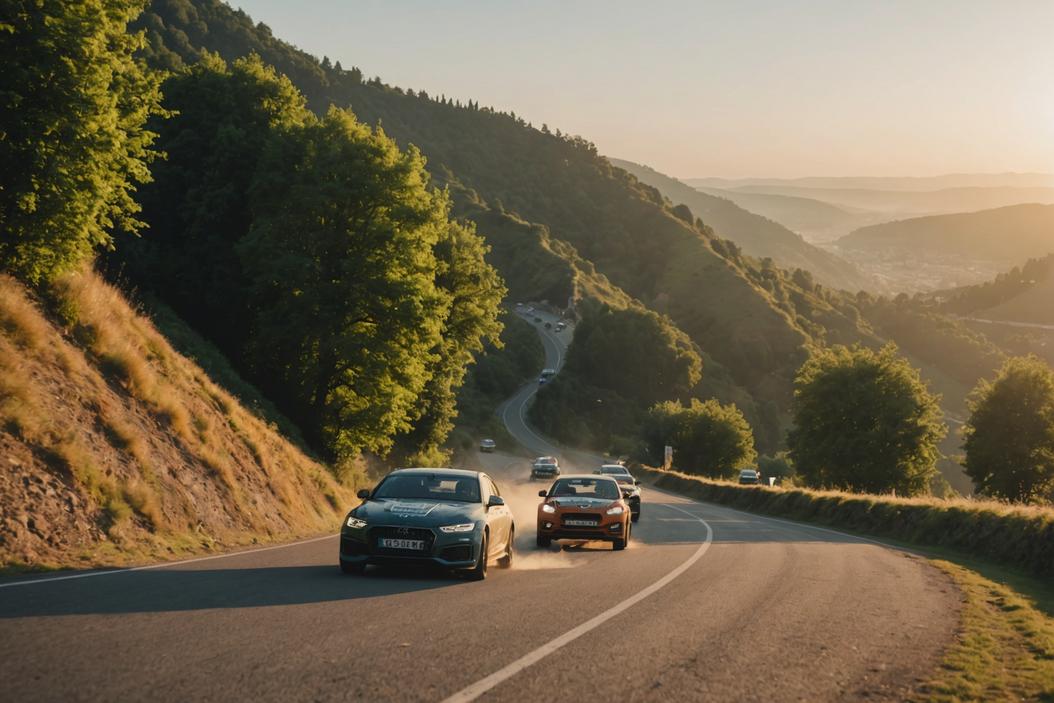 Vue panoramique de la course de côte de Courpière 2024, durant l'heure dorée, avec des voitures soulevant de la poussière sur une route sinueuse au milieu des versants verdoyants.