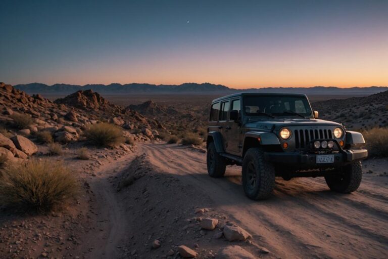 Image d'une Jeep robuste naviguant sur un terrain rocheux et inégal sous le ciel crépusculaire dans un désert, illustrant une combinaison de robustesse, de beauté et de réalisme granuleux, éclairage d'ambiance, en 4K avec post-traitement.